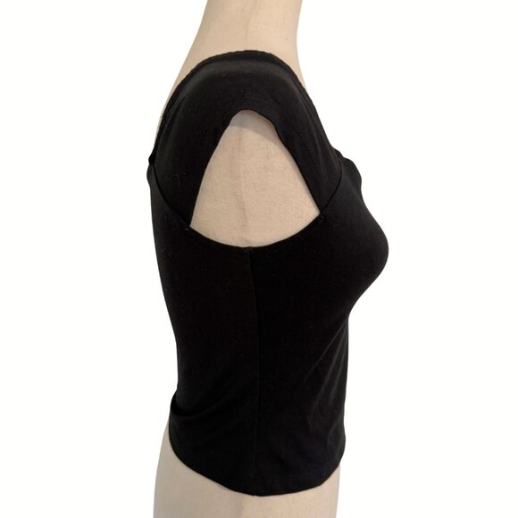 Anthropologie Maeve Black Scoop Neck Cap Sleeve Top Fitted Size Small Basic - Picture 2 of 9